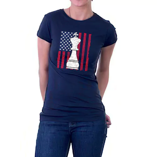 United States flag chess girl navy blue tshirt