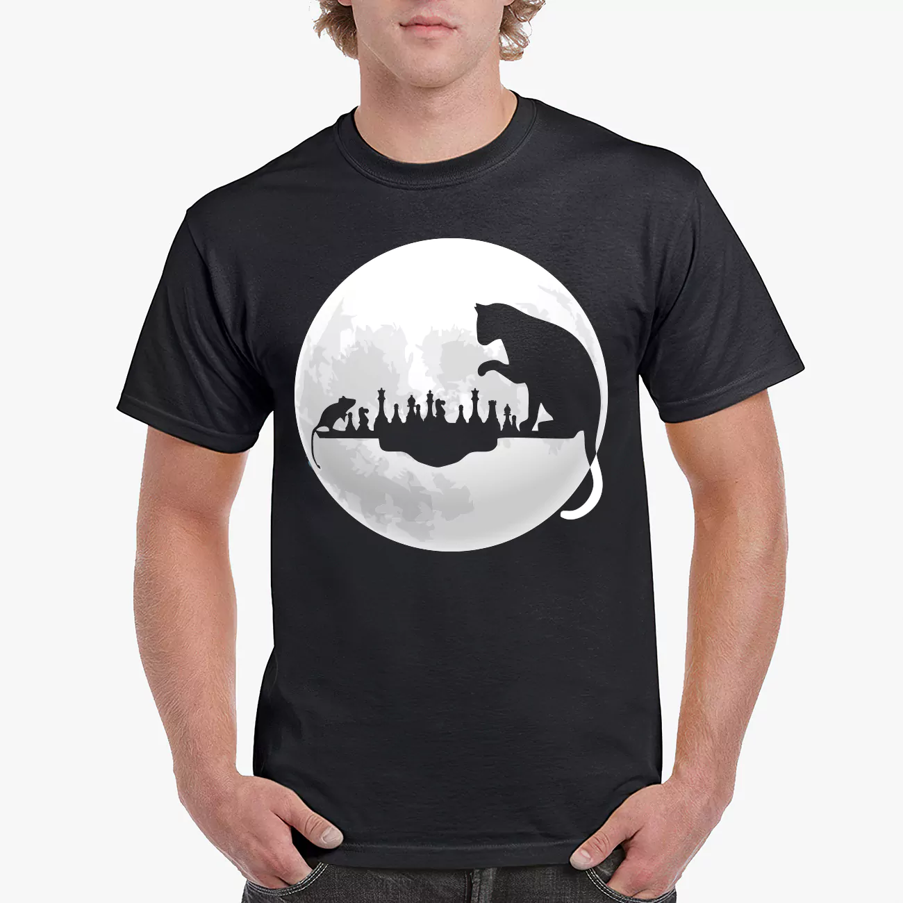 cat playing chess on moon black tshirt for mans
