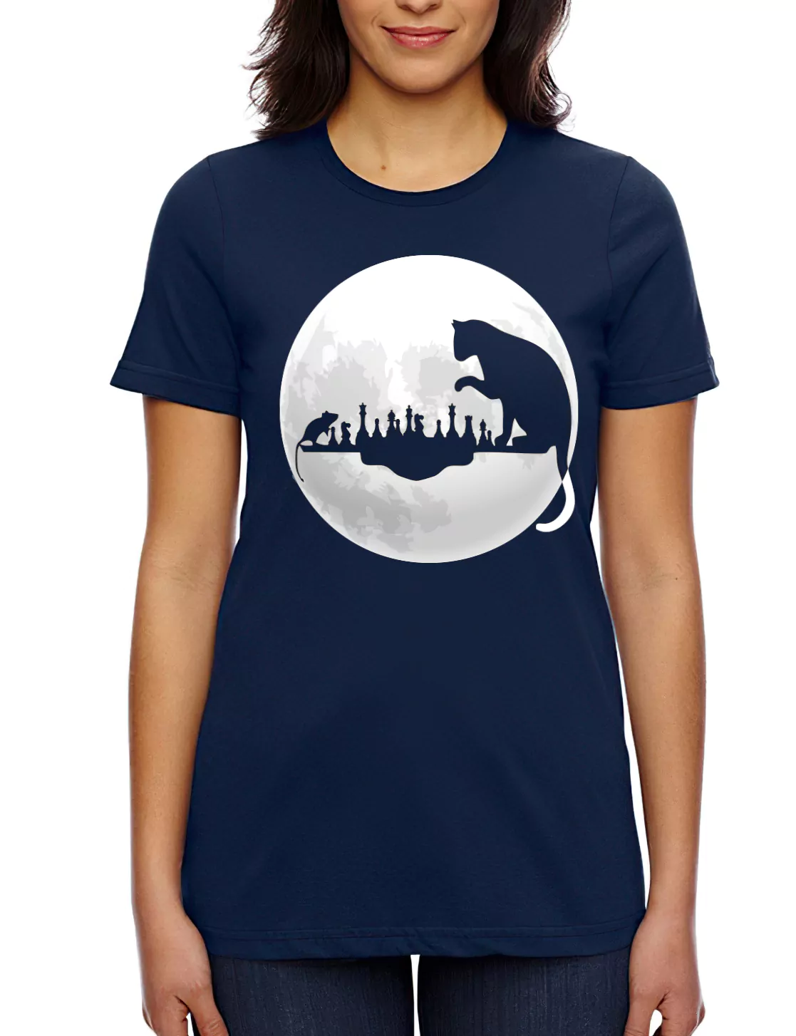 cat playing chess on moon navy blue tshirt for girls
