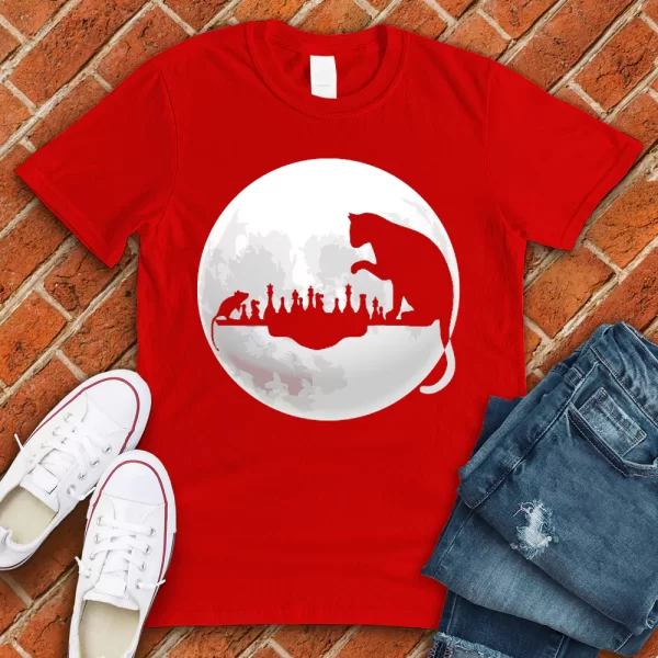 cat playing chess on moon red tshirt