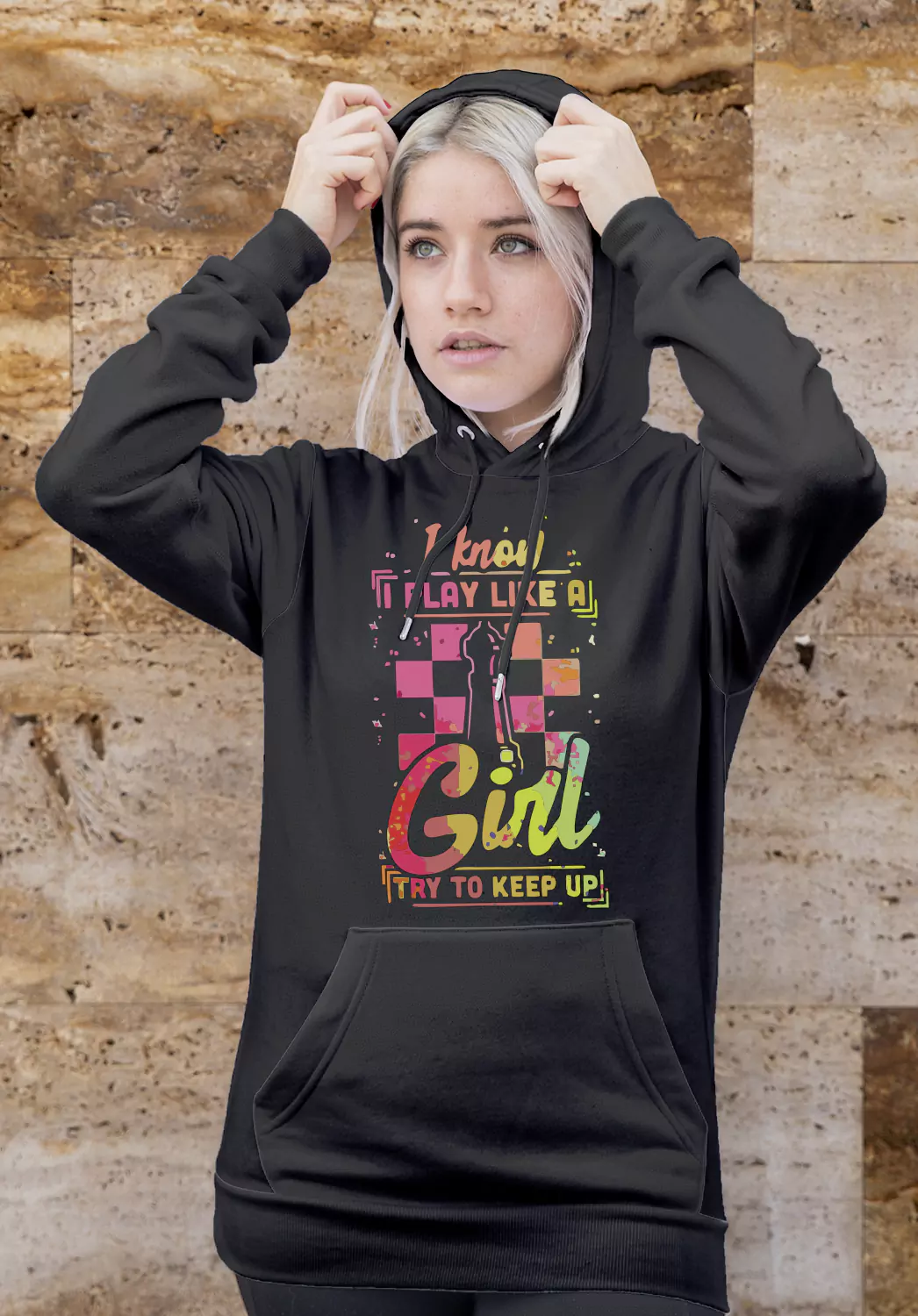 chess hoodie - chess gift for girl - play like a girl black color
