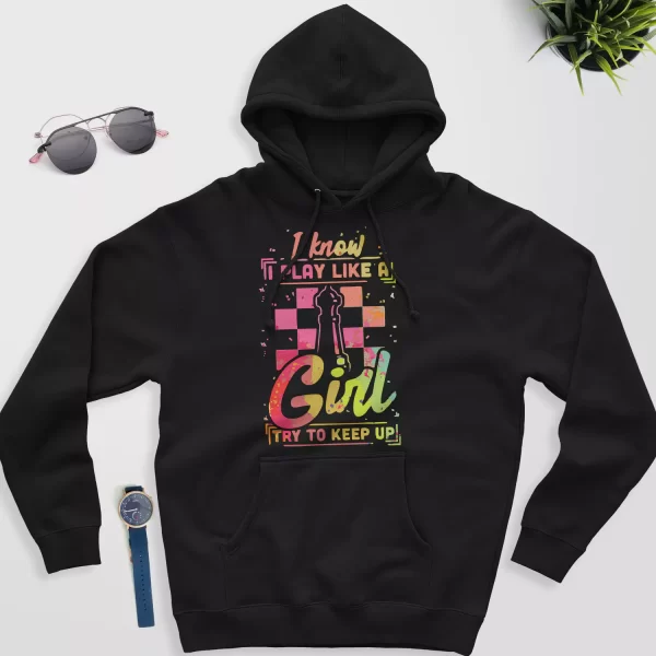 chess hoodie - chess gift for her - play like a girl black color