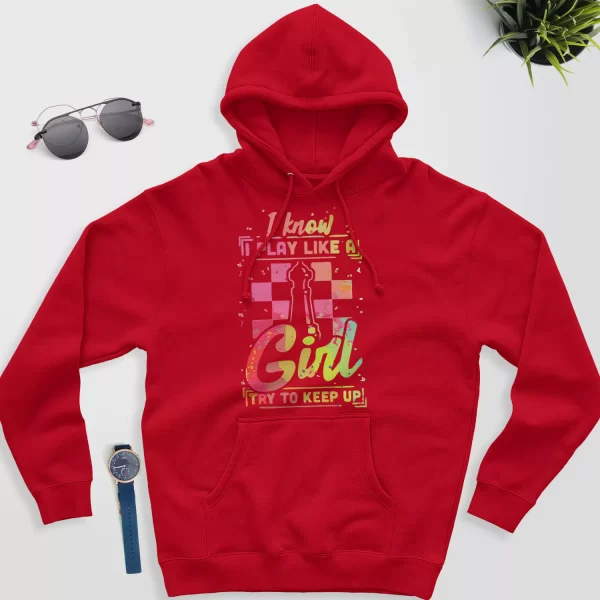 chess hoodie - chess gift for her - play like a girl red color