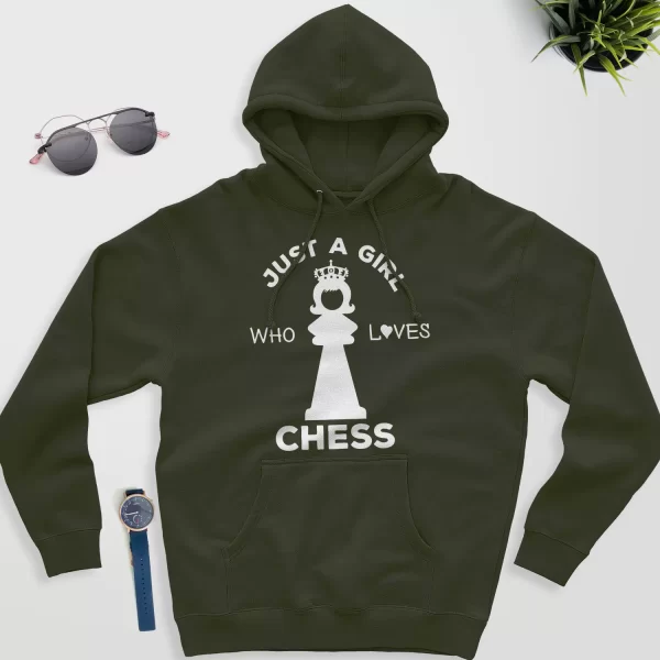 chess hoodie for her - just a girl - military green color