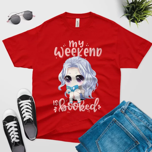 my weekend is booked t shirt anime girl red color