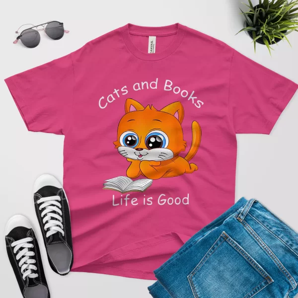 Cats and books life is good t shirt berry color