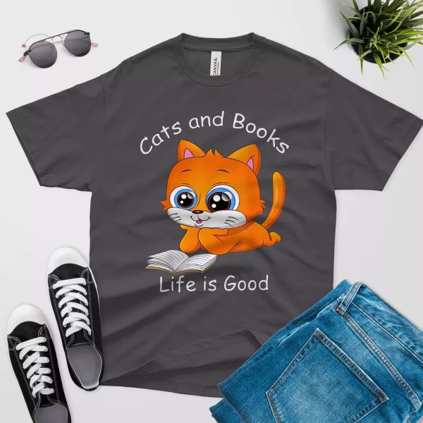 Cats and books life is good t shirt dark grey color