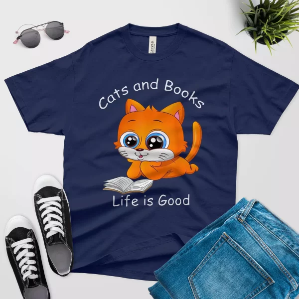 Cats and books life is good t shirt navy blue color