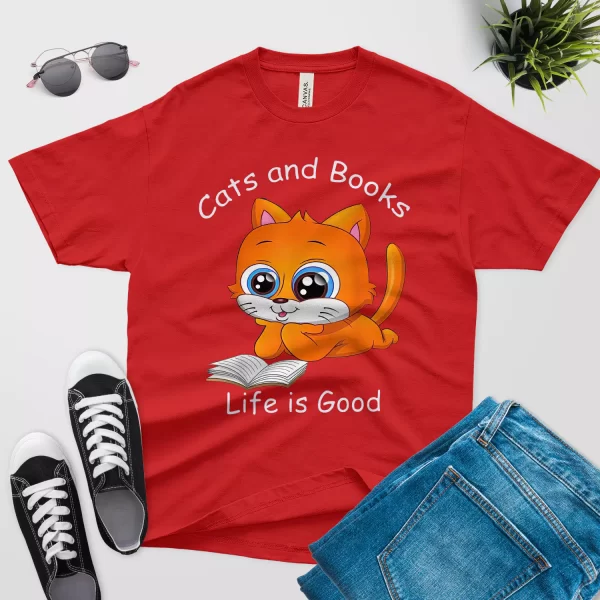 Cats and books life is good t shirt red color