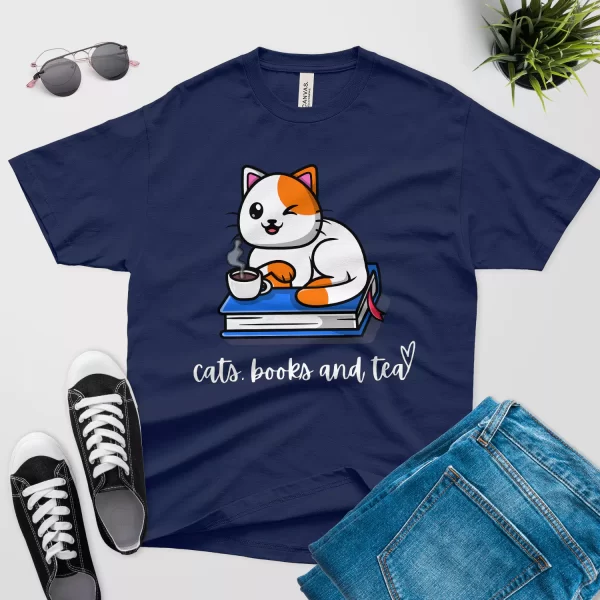 Cats books and tea T-shirt navy blue color