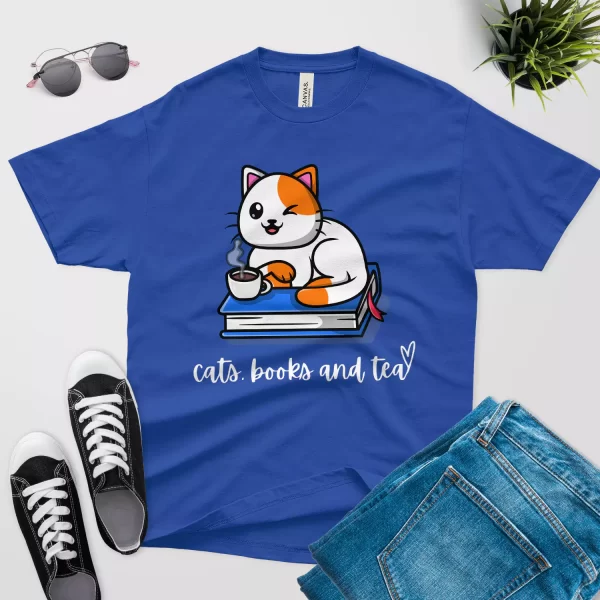Cats books and tea T-shirt royal blue color