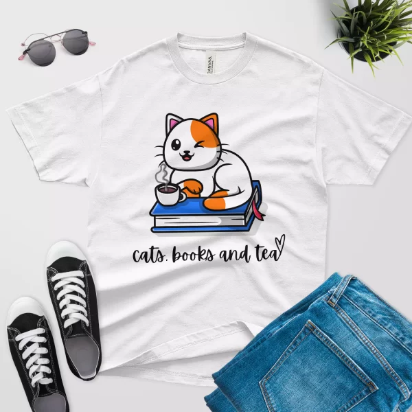 Cats books and tea T-shirt white color