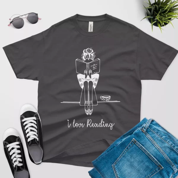 Girl Reading Book With Coffee t shirt dark grey color