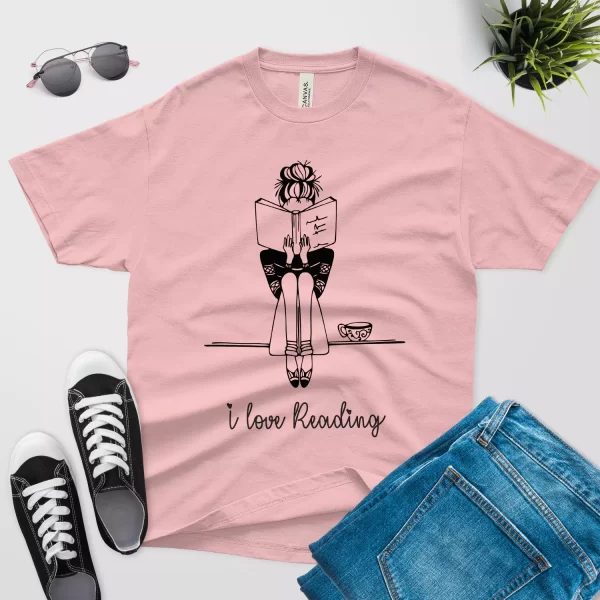 Girl Reading Book With Coffee t shirt pink color