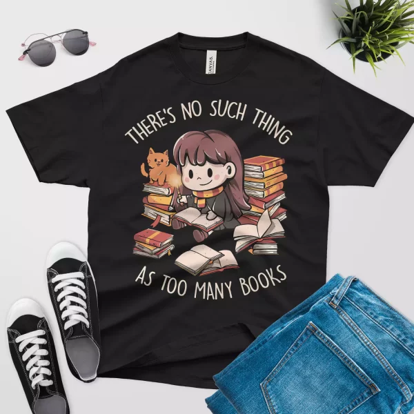 There is no such thing as too many books t shirt black color - cute cat design