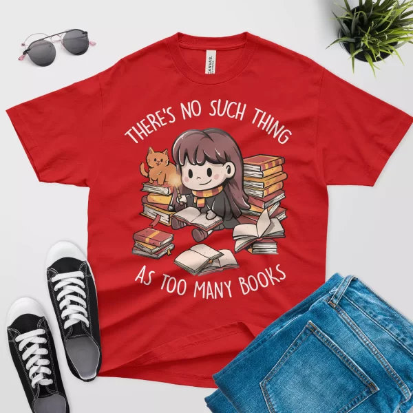 There is no such thing as too many books t shirt red color - cute cat design