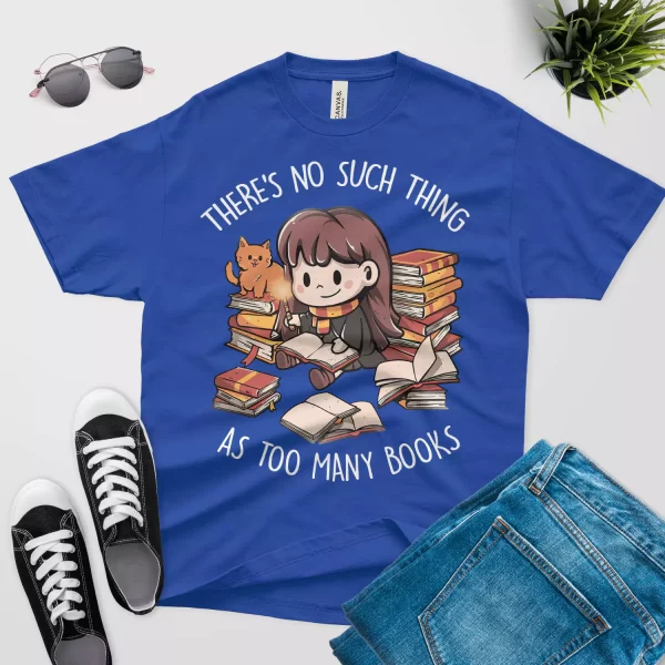 There is no such thing as too many books t shirt royal blue color - cute cat design