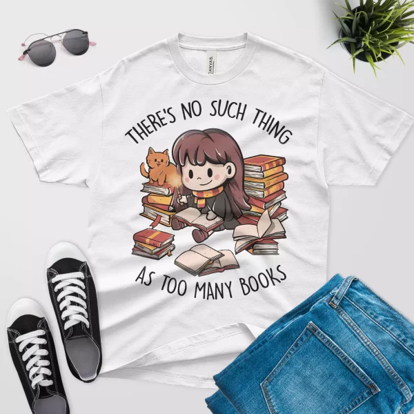 There is no such thing as too many books t shirt white color - cute cat design