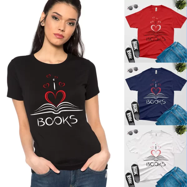 beautiful girl wearing I love books T-shirt