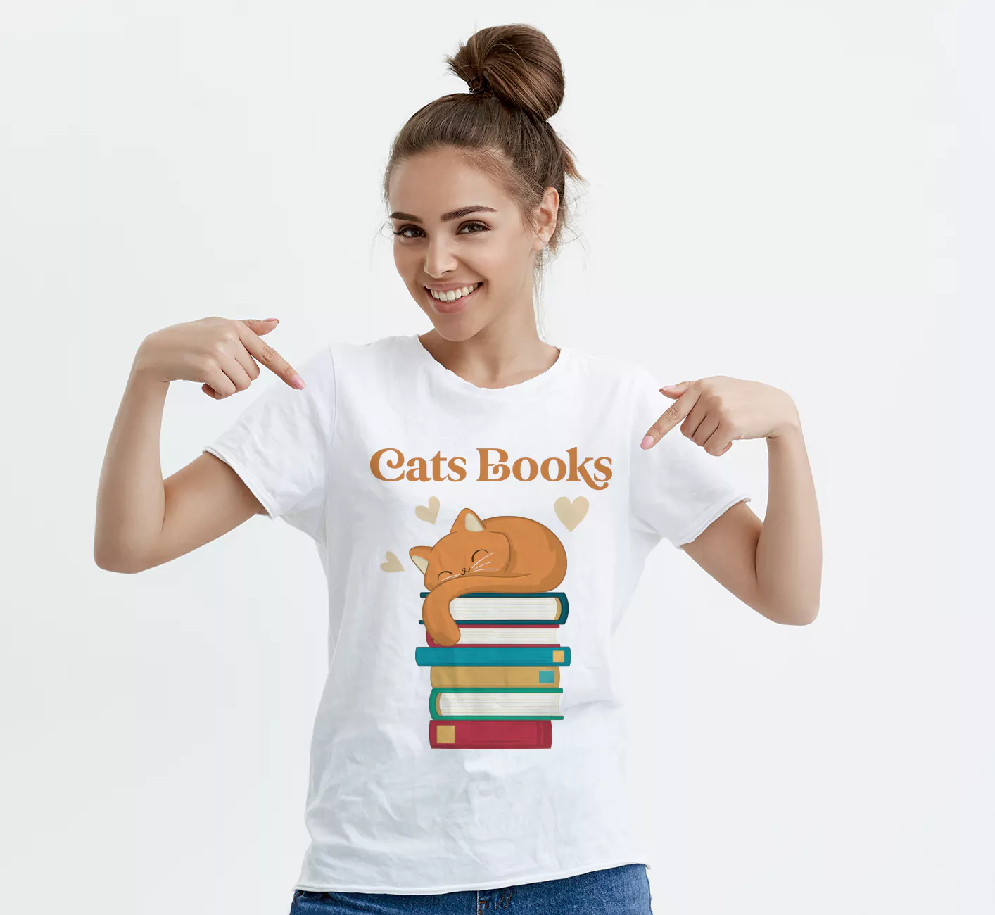 beautiful girl wearing funny cats books t shirt