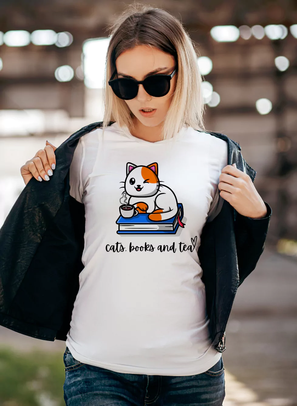 blond girl wearing Cats books and tea T-shirt