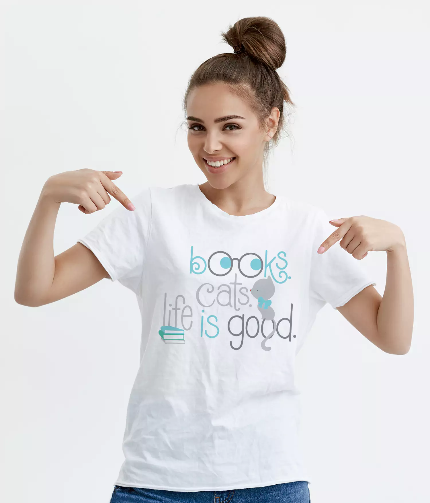 blond girl wearing books cats life is good t shirt
