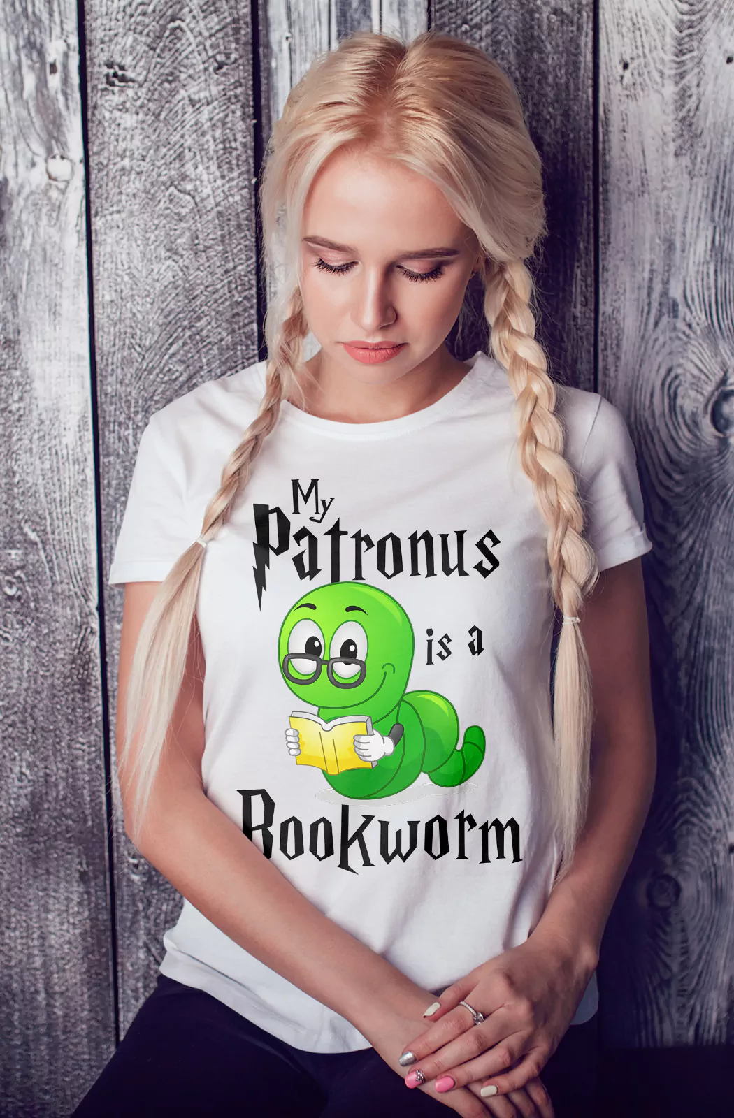 blond girl wearing my patronus is a bookworm t shirt