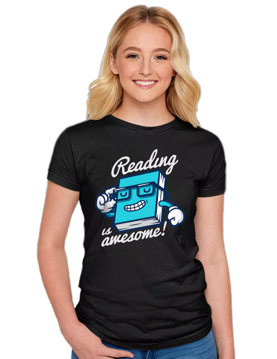 blond girl wearing reading is awesome t shirt