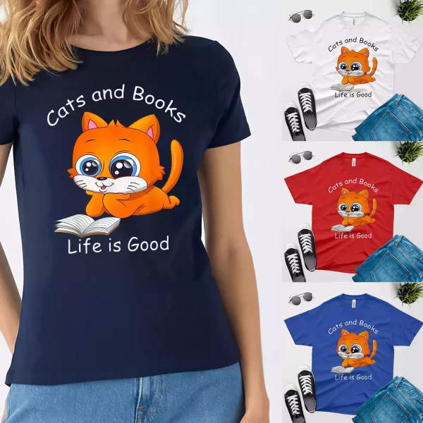 book lover wearing Cats and books life is good t shirt red cat design