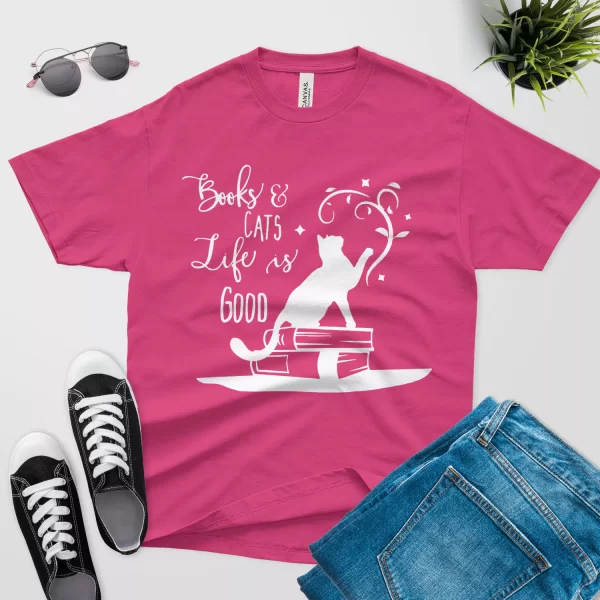books cats life is good cute illustration t shirt berry color