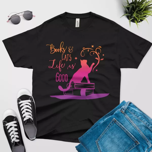 books cats life is good cute illustration t shirt black color