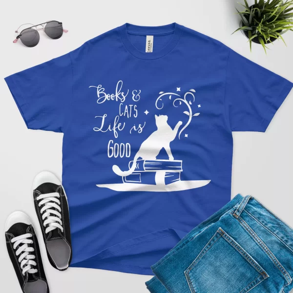 books cats life is good cute illustration t shirt blue color