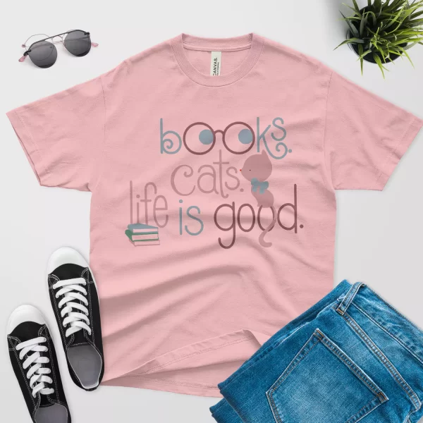 books cats life is good t shirt pink color