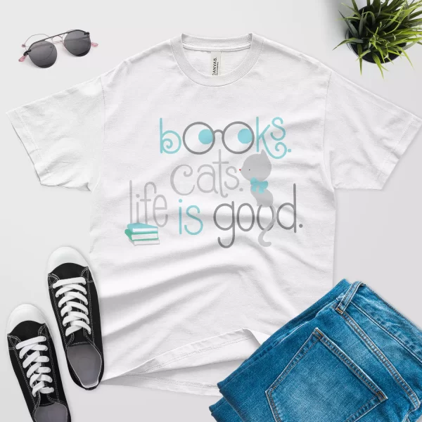 books cats life is good t shirt white color