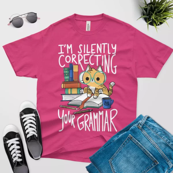 cat correcting your grammar T shirt for teachers berry color