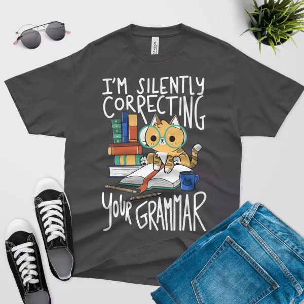 cat correcting your grammar T shirt for teachers dark grey color