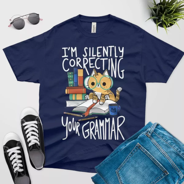 cat correcting your grammar T shirt for teachers navy color