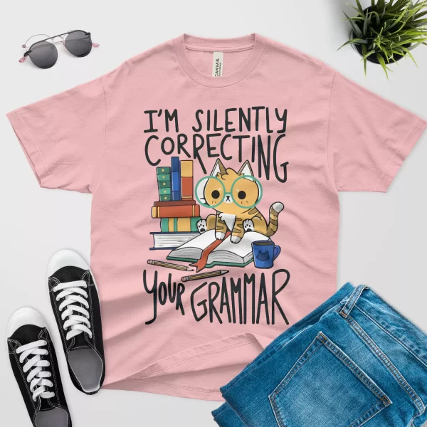 cat correcting your grammar T shirt for teachers pink color