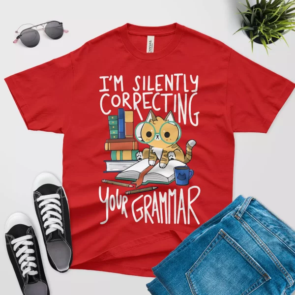 cat correcting your grammar T shirt for teachers red color