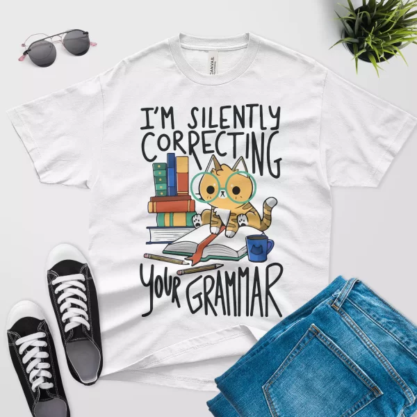 cat correcting your grammar T shirt for teachers white color