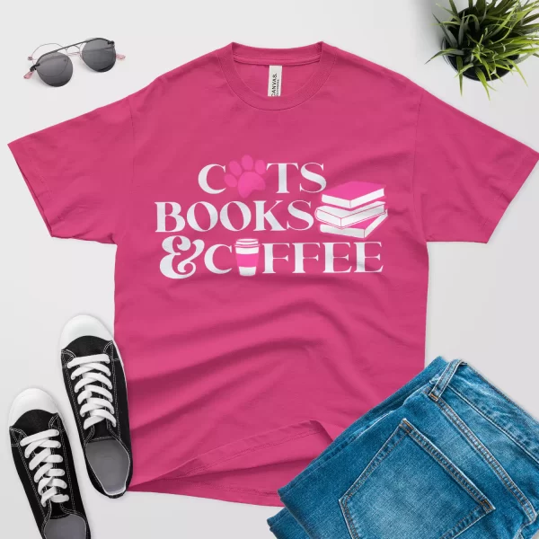 cats books coffee tshirt - cat paw design berry color