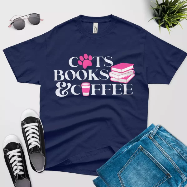 cats books coffee tshirt - cat paw design navy blue color