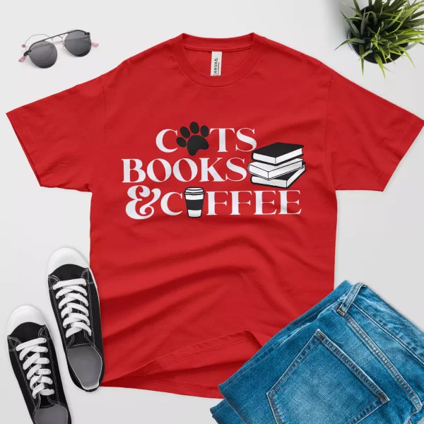 cats books coffee tshirt - cat paw design red color