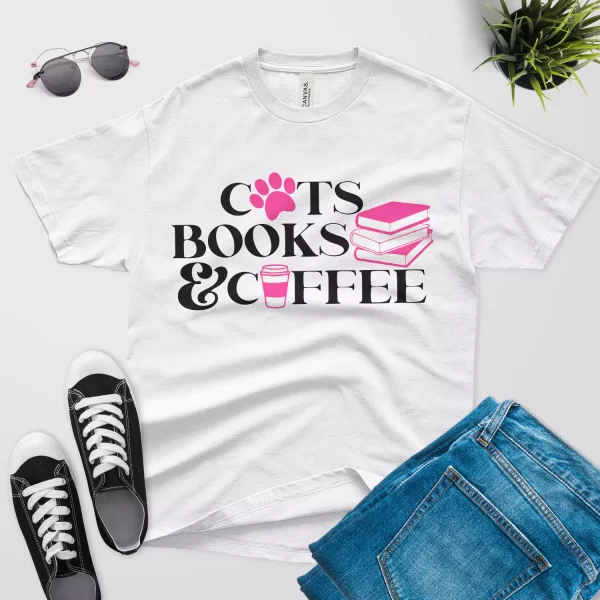 cats books coffee tshirt - cat paw design white color