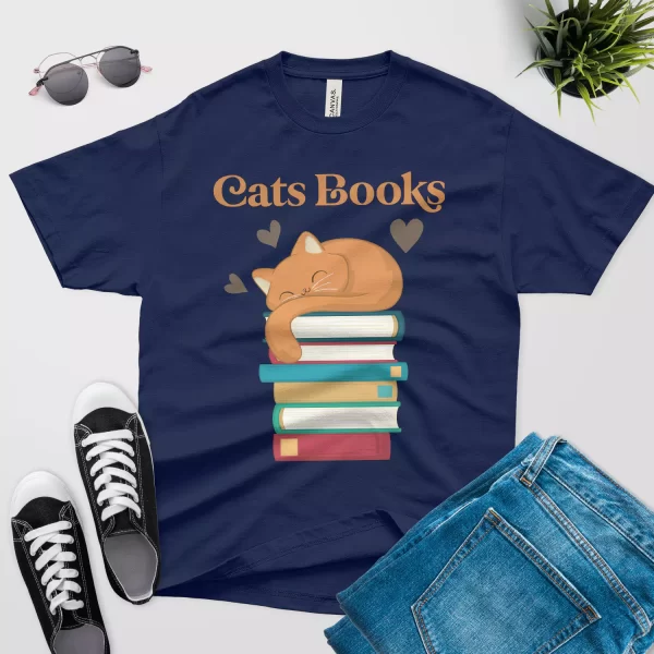 funny cats book t shirt navy blue color