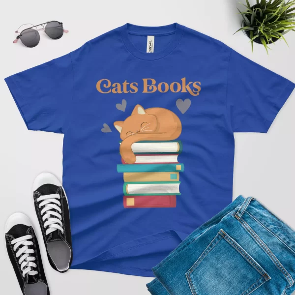 funny cats book t shirt royal blue color