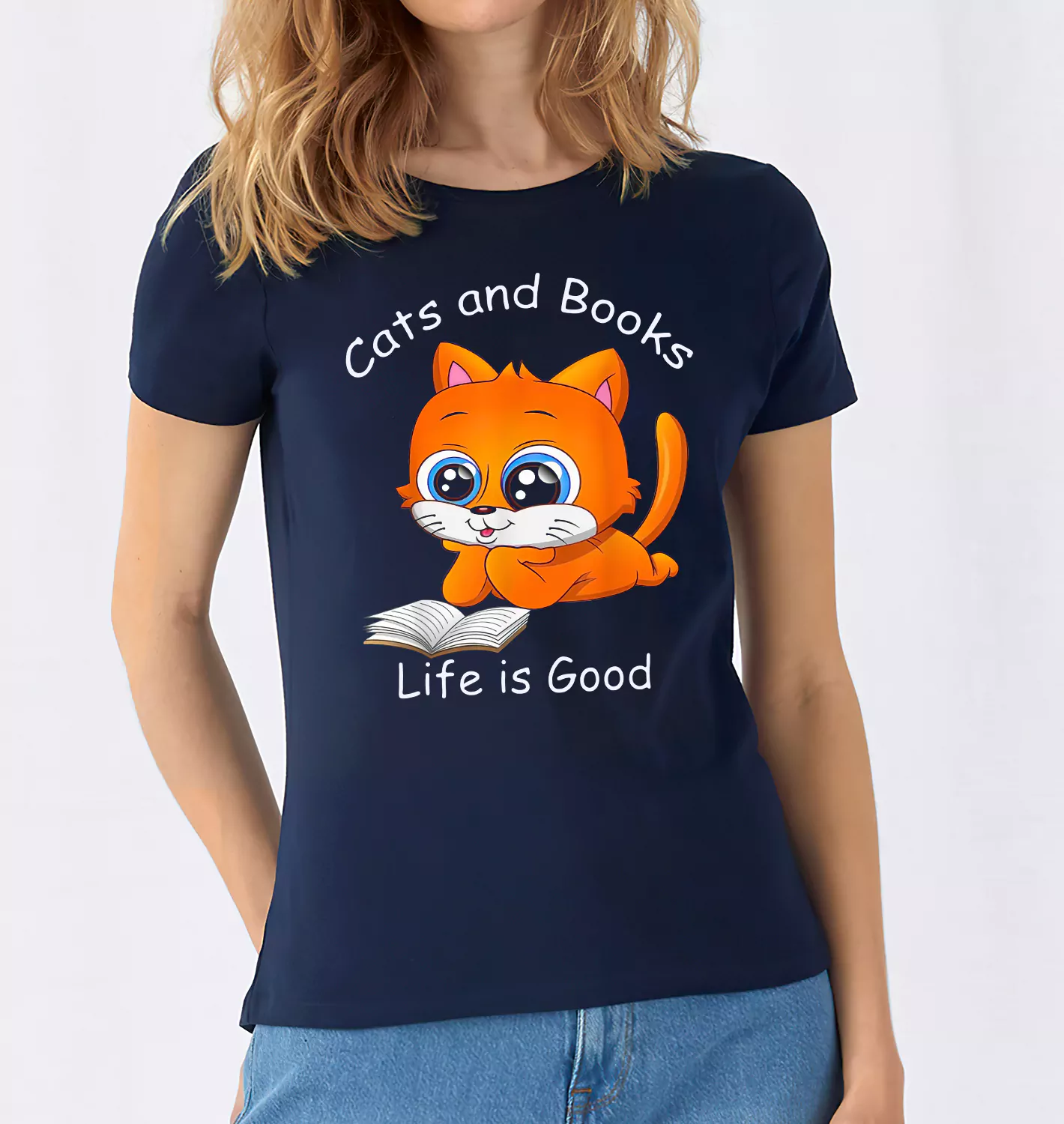 girl wearing Cats and books life is good t shirt red cat design