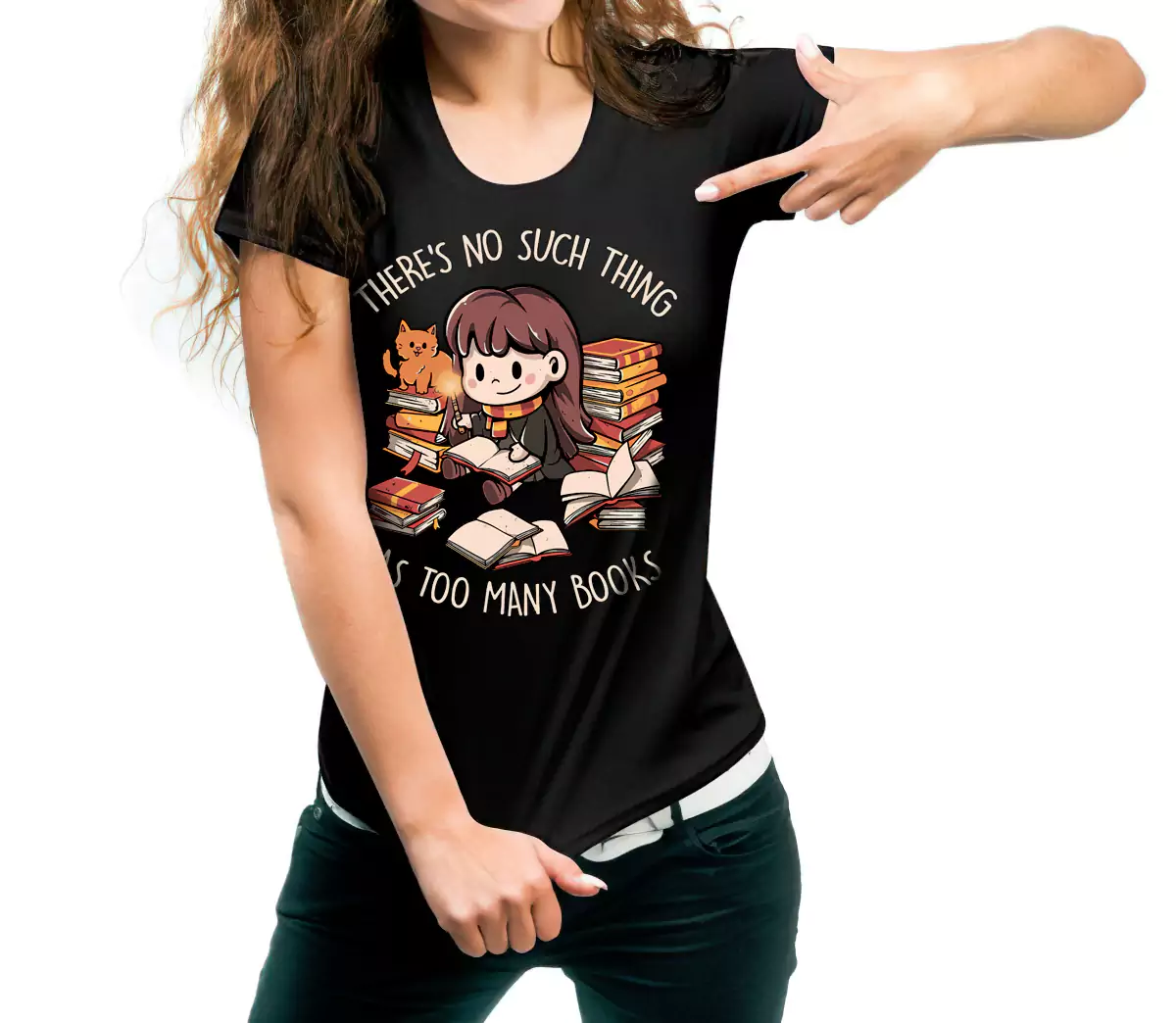 girl wearing There is no such thing as too many books t shirt