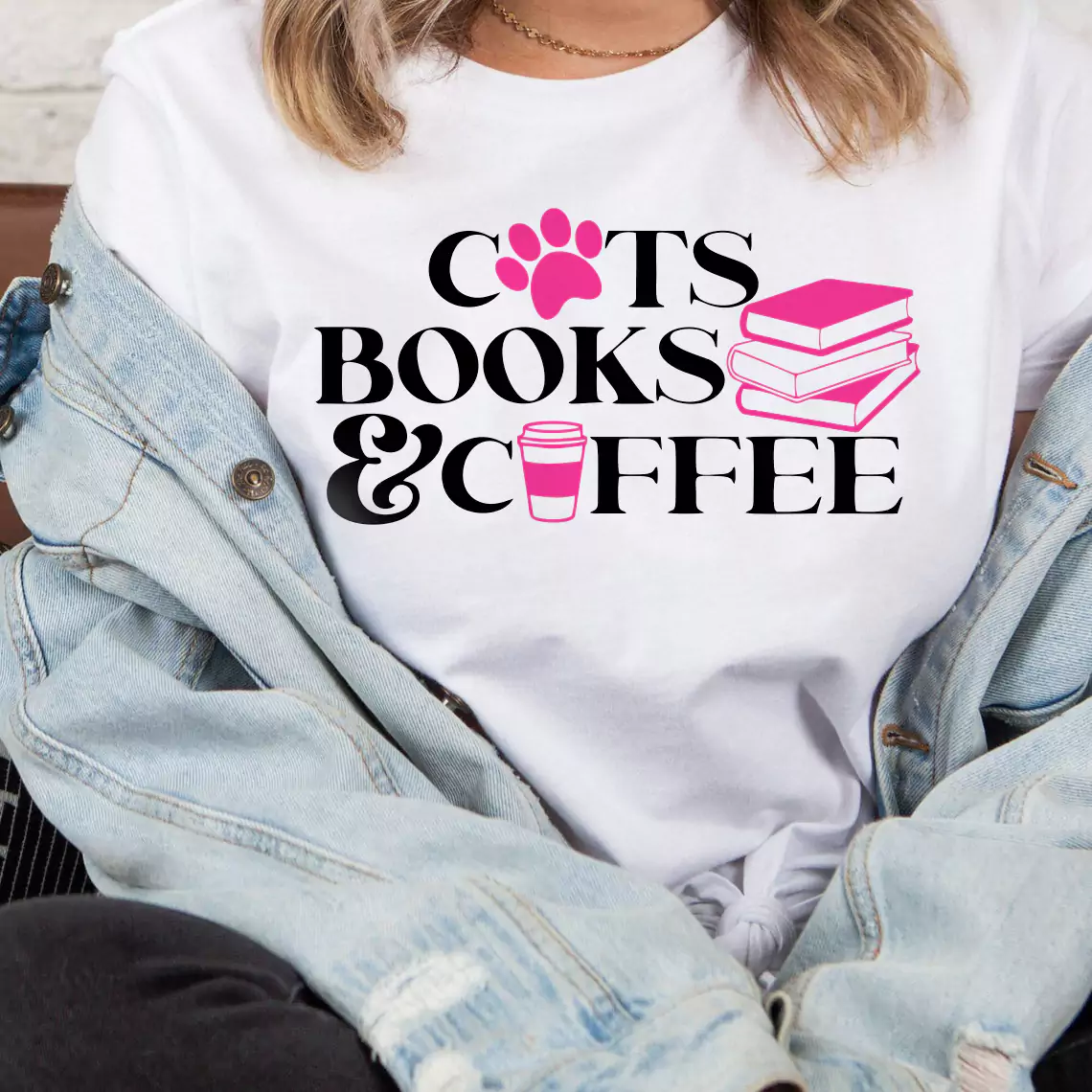 girl wearing cats books coffee tshirt cat paw design white color