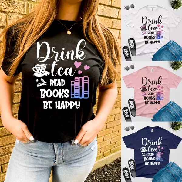 girl wearing drink tea read books be happy bookish black t shirt